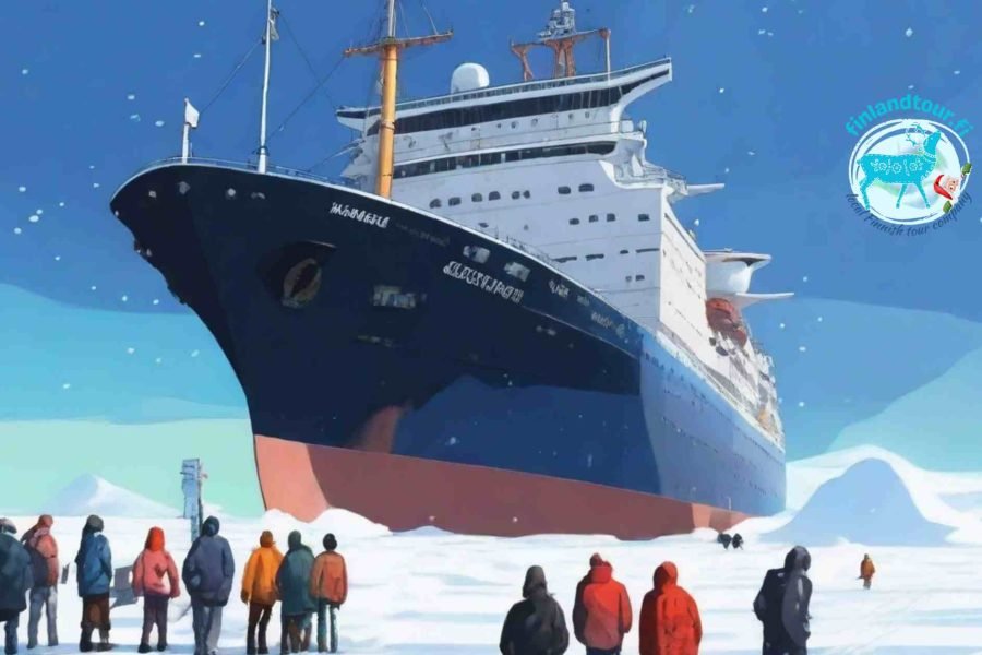 Cartoon illustration of an Ice Breaker cruise in Kemi, Lapland, showcasing the winter wonderland scenery and the ship breaking through ice.