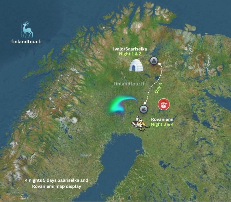 4 nights 5 days Saariselka and Rovaniemi map display