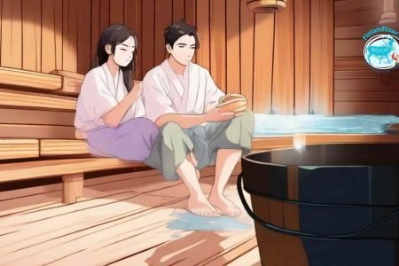 Cartoon illustration of a couple enjoying a Finnish sauna bath during their 5 nights 6 days Lapland tour packages.