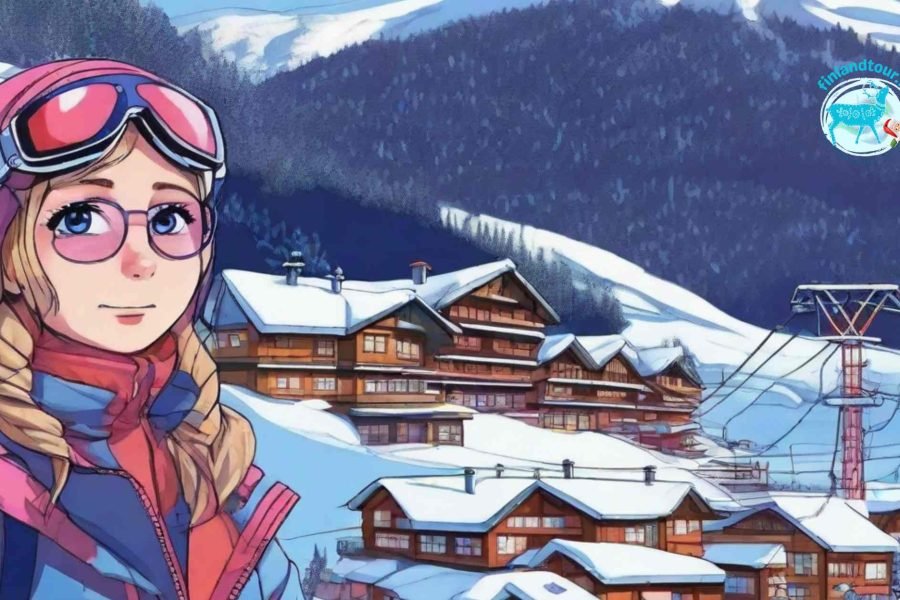 6 nights 7 days Finnish Wilderness Expeditions - Cartoonified image of a girl standing in front of quaint wooden houses in Levi, Finland, covered with a blanket of snow.