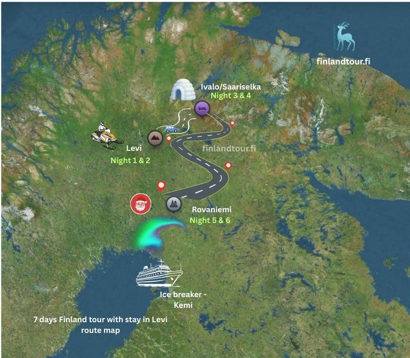7 days Finland tour with stay in Levi route map