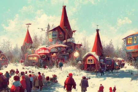 Cartoon illustration of Santa Claus village in Rovaniemi, Finland