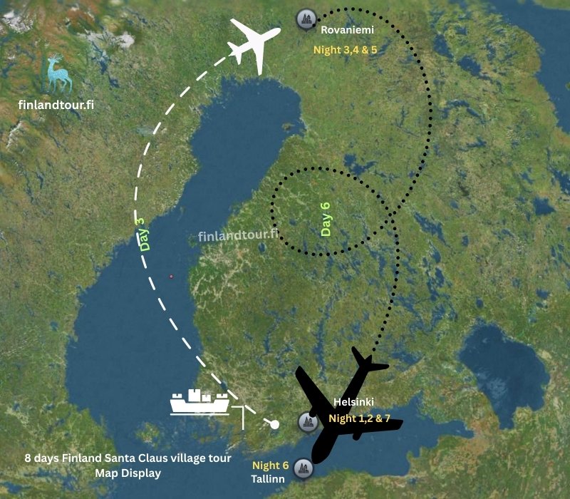 8 days Finland Santa Claus village tour Map display