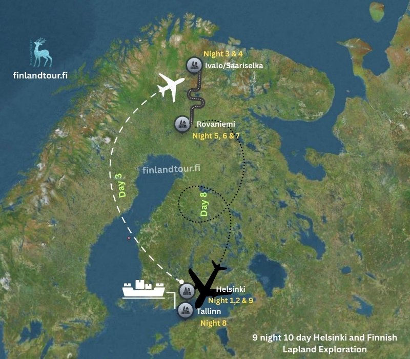 9 night 10 day Helsinki and Finnish Lapland Exploration map display