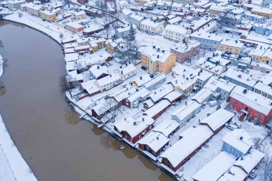 Aerial view of the charming old town of Porvoo covered in snow during winter