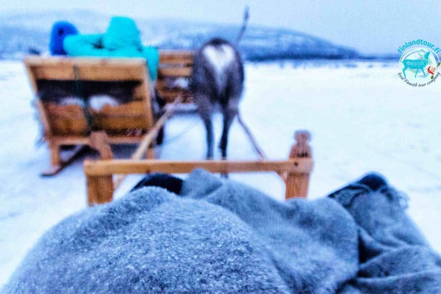 A mesmerizing image captured at Santa Claus Village in Rovaniemi, featuring a reindeer sled with a picturesque winter landscape in the background.