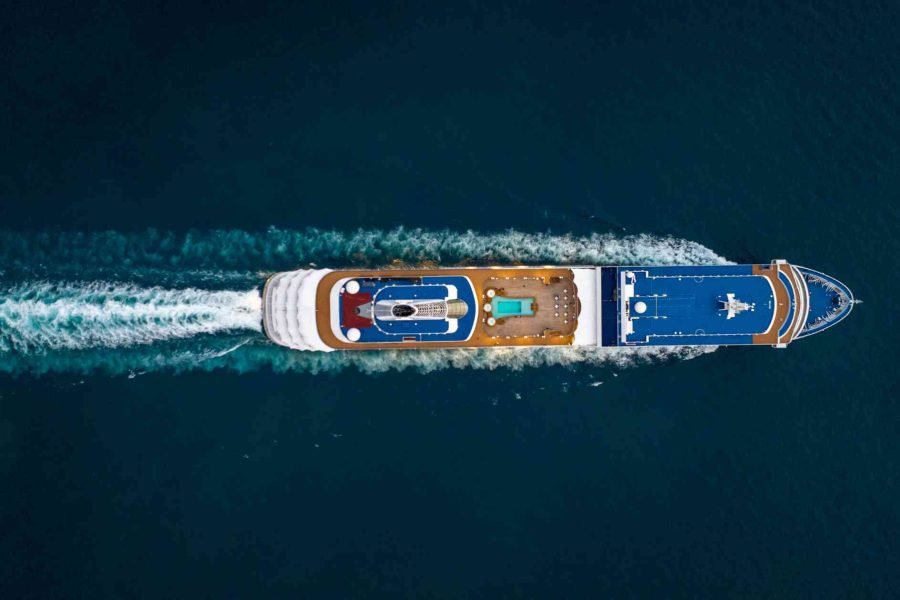 Aerial view of a cruise ship sailing across the Baltic Sea