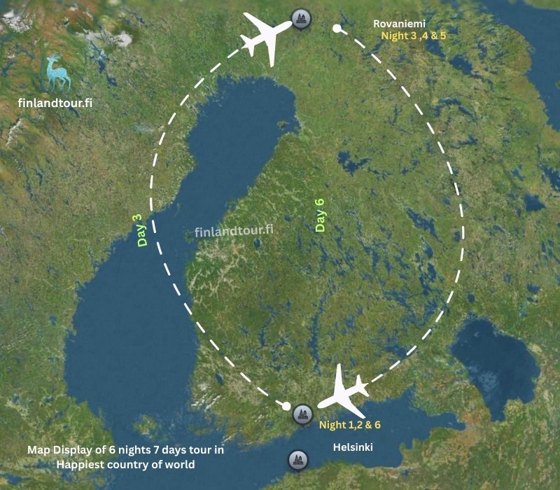 Map Display of 6 nights 7-day tour in the happiest country of world