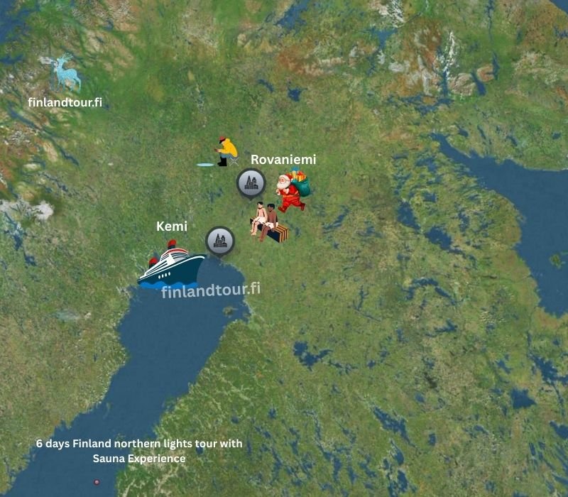 Map display of 6 days Finland northern lights tour with Sauna Experience