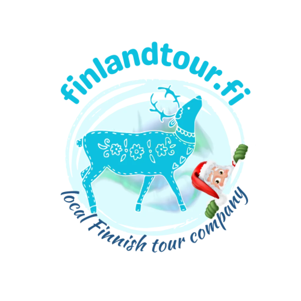 A logo representing Finlandtour.fi featuring a cloud-colored reindeer symbolizing Lapland, Santa Claus representing Santa's home in Finland, and the northern lights in the background, representing the Aurora lights in Finland.