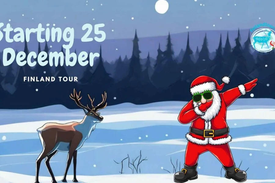 Animated image of a reindeer standing in front of Santa Claus in a snowy landscape, representing the magical Christmas and New Year celebrations in Finland starting from 25 Dec.
