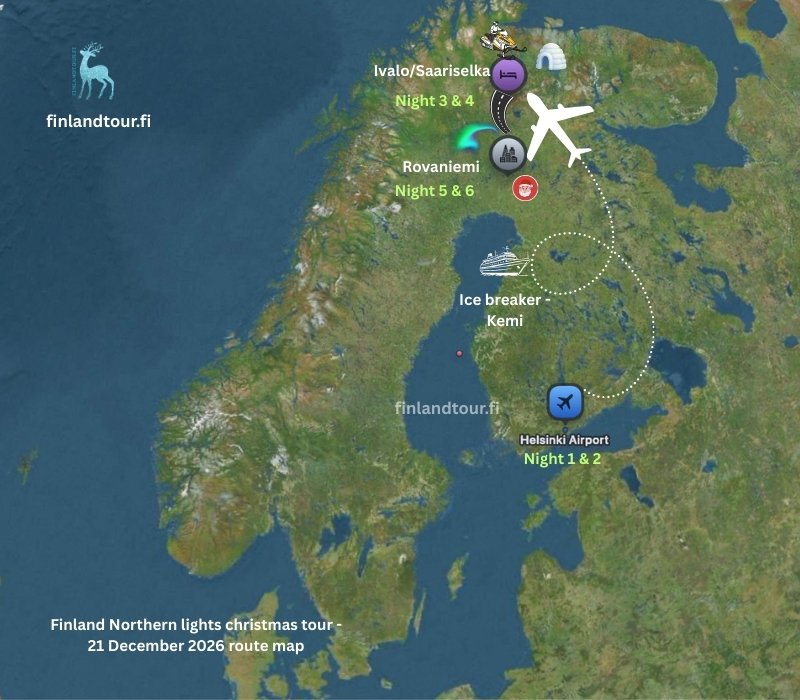Finland Northern lights christmas tour - 21 December 2026_ route map