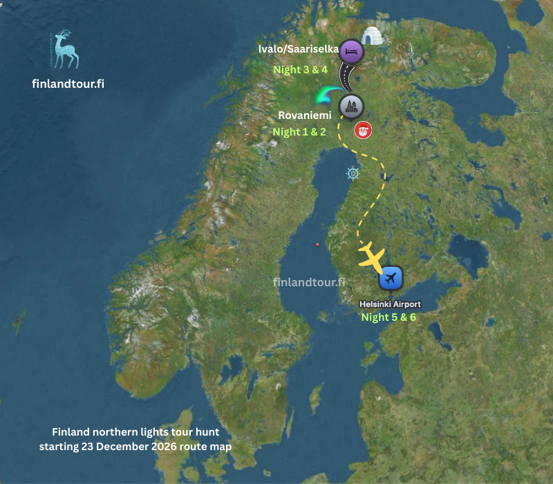 Finland northern lights tour hunt starting 23 December 2026_ route map