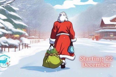 Animated image of Santa Claus walking and pulling a sledge in a snowy landscape, representing the magical Finland tour starting on the 22nd of December.