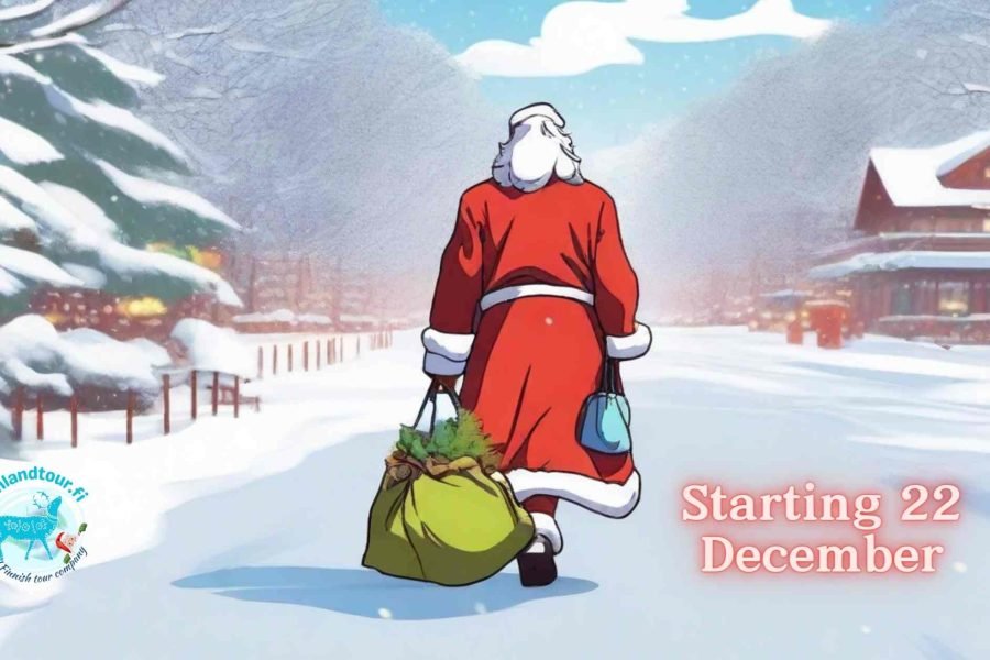 Animated image of Santa Claus walking and pulling a sledge in a snowy landscape, representing the magical Finland tour starting on the 22nd of December.