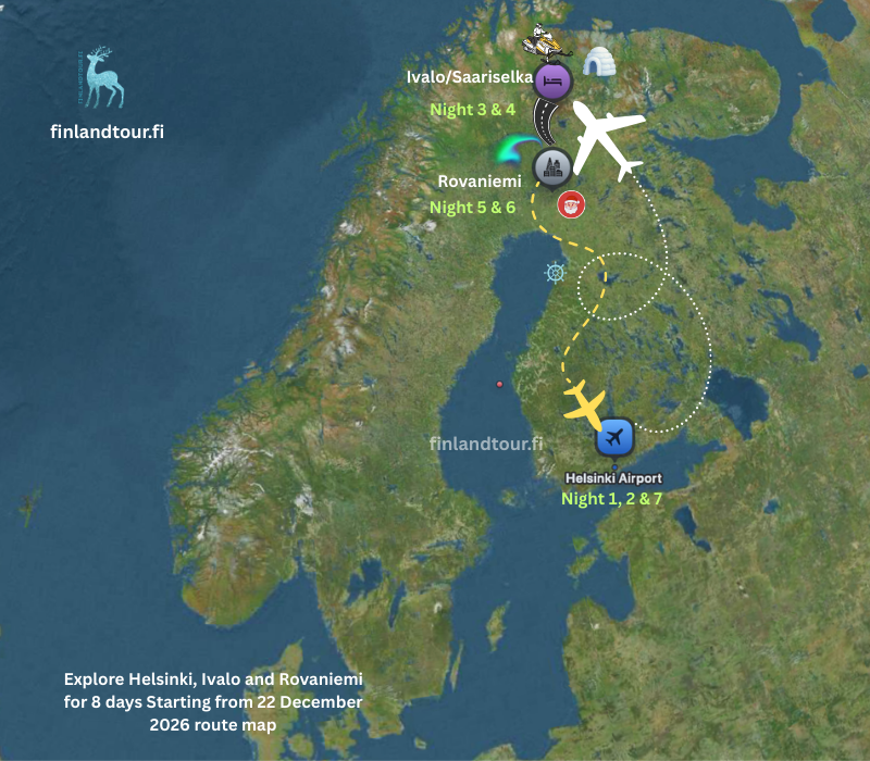 Helsinki, Ivalo and Rovaniemi for 8 days Starting from 22 December 2026​ route map