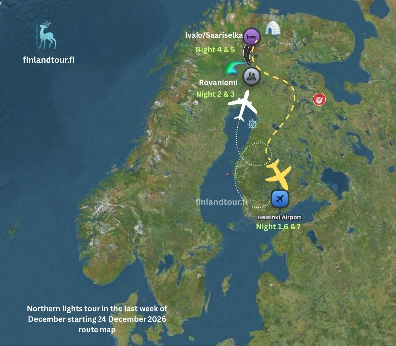 Northern lights tour in the last week of December starting 24 December 2026_ route map