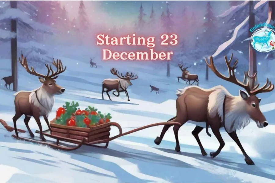 Animated image of a reindeer pulling a sledge in Rovaniemi, Finland, representing the magical experiences awaiting visitors on their journey starting from 23rd December with Visit Finland.