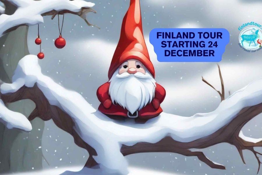 Animated image of Santa Claus sitting on a tree stem covered with snow, representing the magical holiday experiences awaiting visitors on the New Year and Christmas tour of Finland with Visit Finland starting on 24 December.