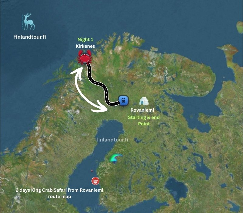 2 days King Crab Safari from Rovaniemi route map