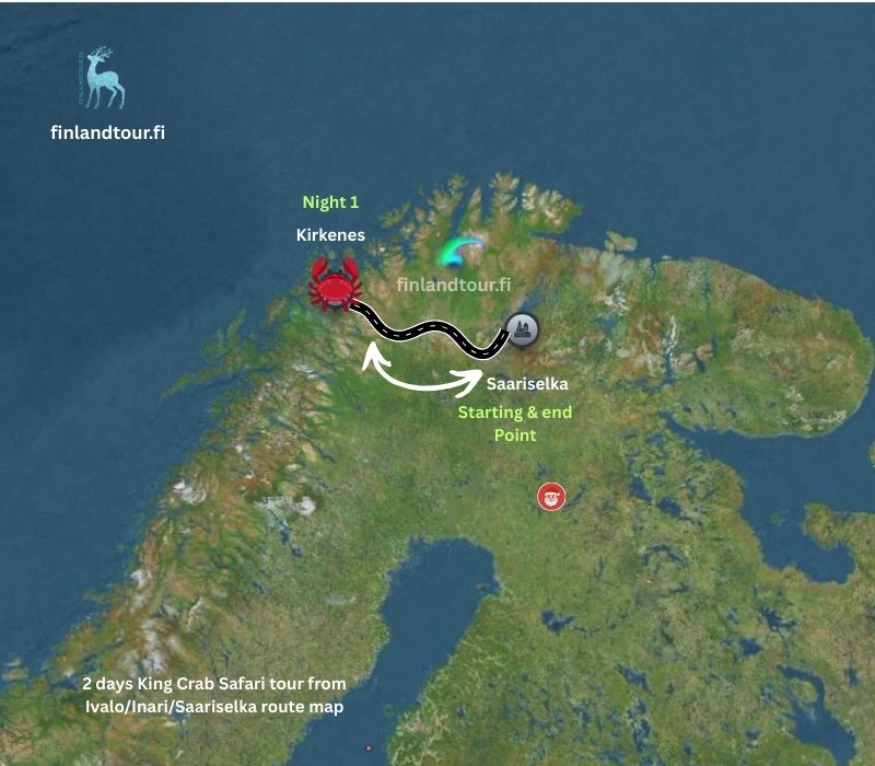 2 days King Crab Safari tour from IvaloInariSaariselka route map