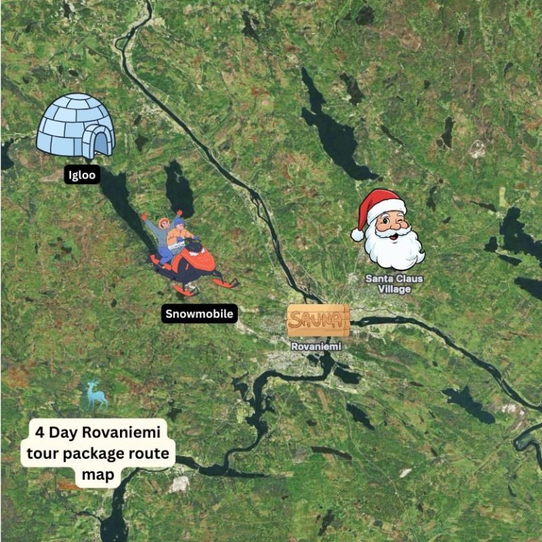 4-day Rovaniemi tour package route map showing Santa Claus Village, snowmobile safari, sauna experience, and glass igloo accommodation near Rovaniemi, Finnish Lapland.
