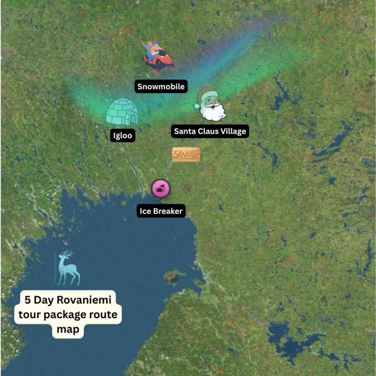 5-day Rovaniemi tour package route map featuring Santa Claus Village, snowmobile safari, glass igloo stay, Finnish sauna, and Kemi Icebreaker cruise under the Northern Lights in Finnish Lapland.