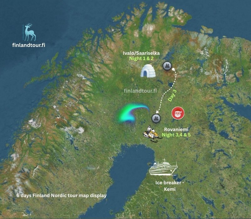 6 days Finland tour with stay in Kakslauttanen resort route map