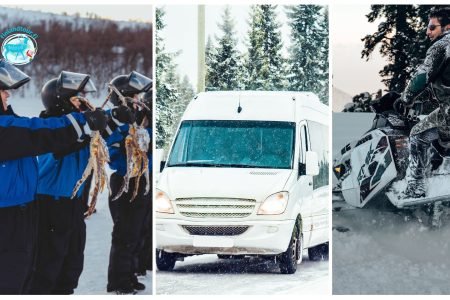 Collage of a group enjoying Crab Safari, a car parked on a snow-covered road, and tourists enjoying a Snowmobile Safari at Saariselka.