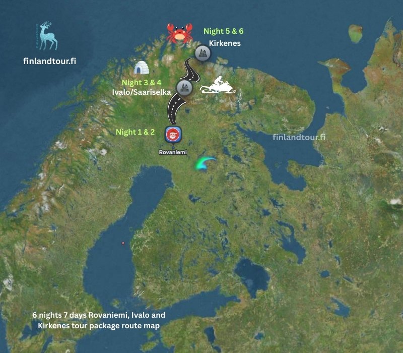 6 nights 7 days Rovaniemi, Ivalo and Kirkenes tour package route map