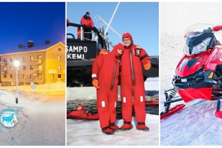 Collage of Kiruna city road, tourists enjoying Ice Breaker cruise, and snowmobile tour in Rovaniemi