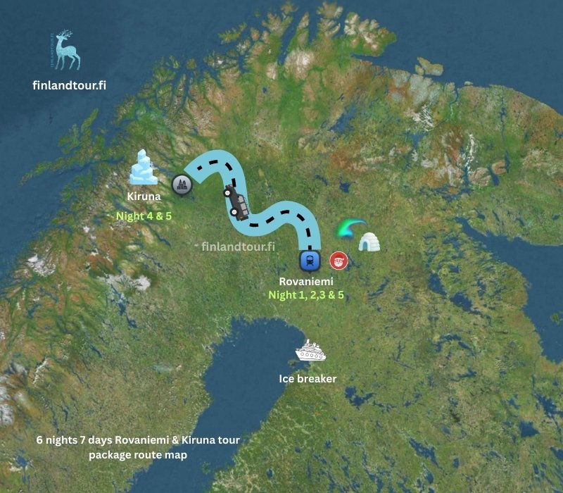 6 nights 7 days Rovaniemi & Kiruna tour package route map