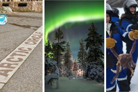 Collage of Arctic Circle line at Santa Claus Village, Northern lights in Saariselka, and tourists enjoying crab safari in Kirkenes