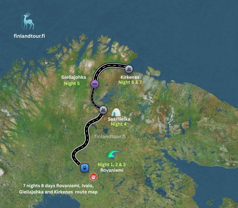 7 nights 8 days Rovaniemi, Ivalo, Giellajohka and Kirkenes route map