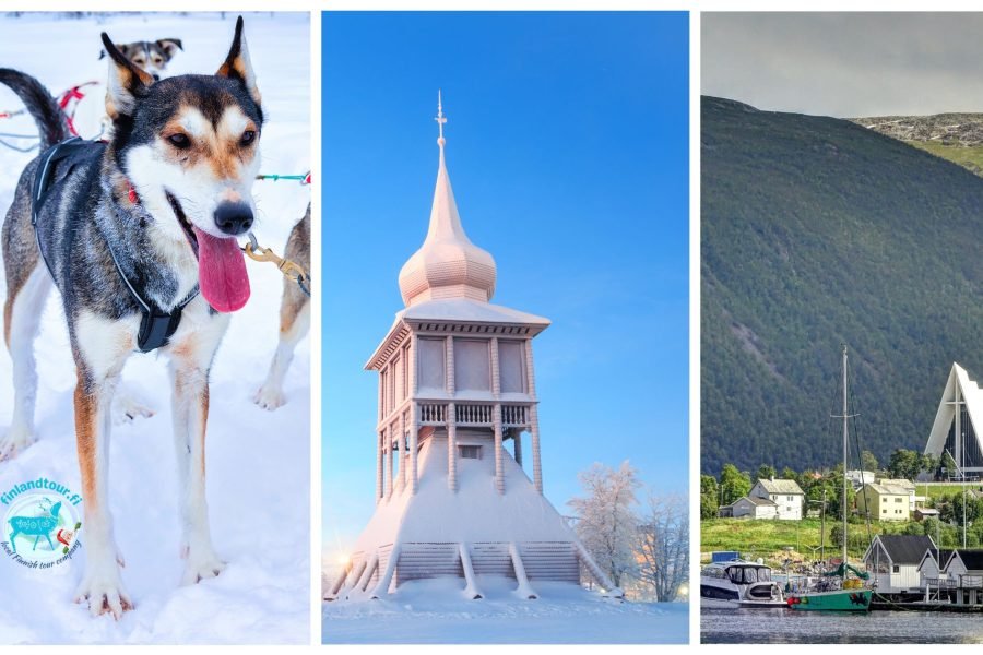 Collage of huskies at Rovaniemi husky farm, Kiruna City church, and Tromso Fjord port