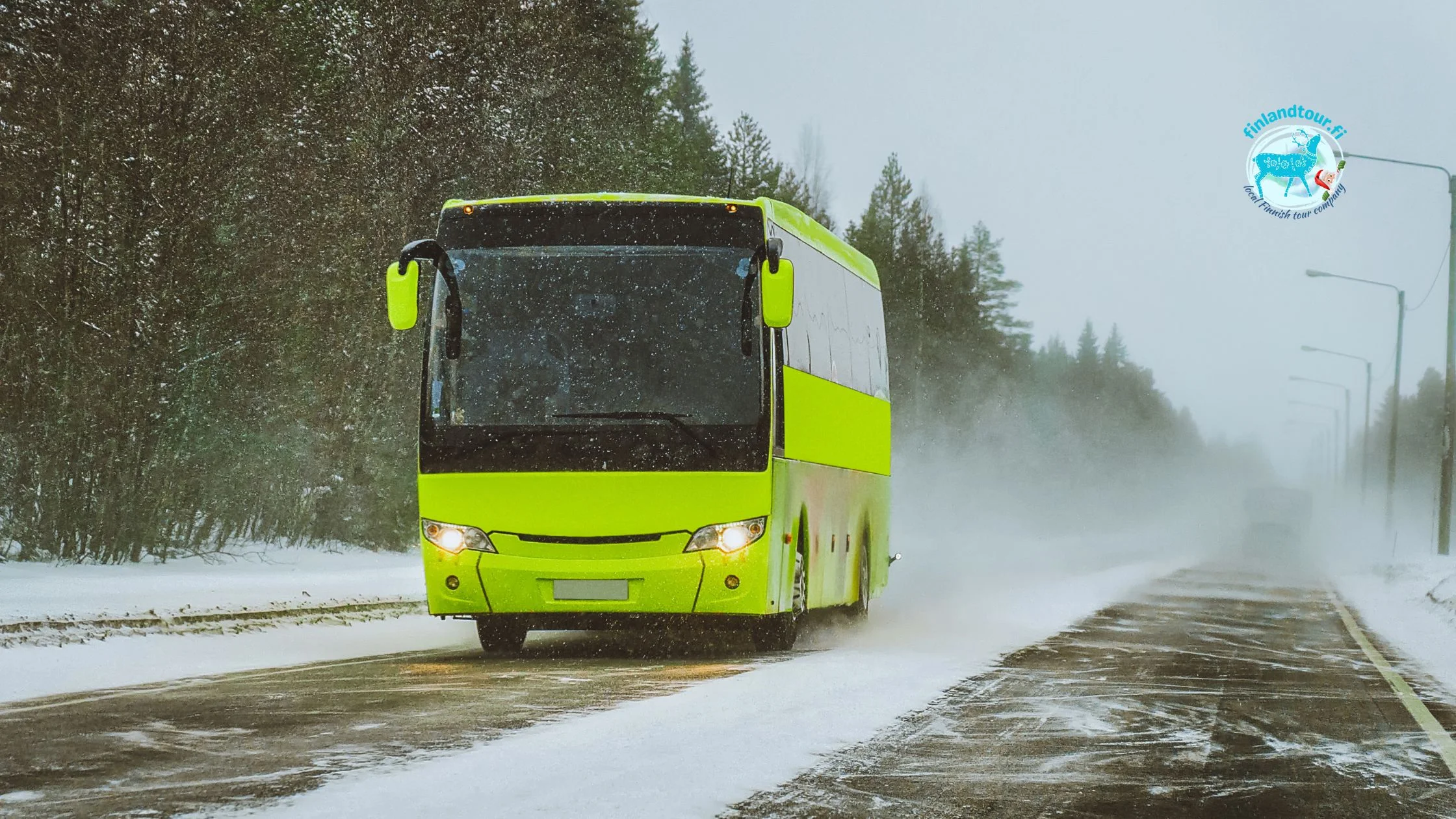 Yellow bus riding on snowy Rovaniemi roads during the 3 nights 4 days Rovaniemi tour package.