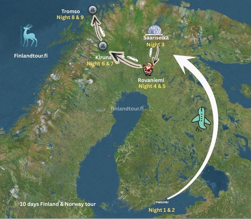 10 days Finland & Norway tour route map