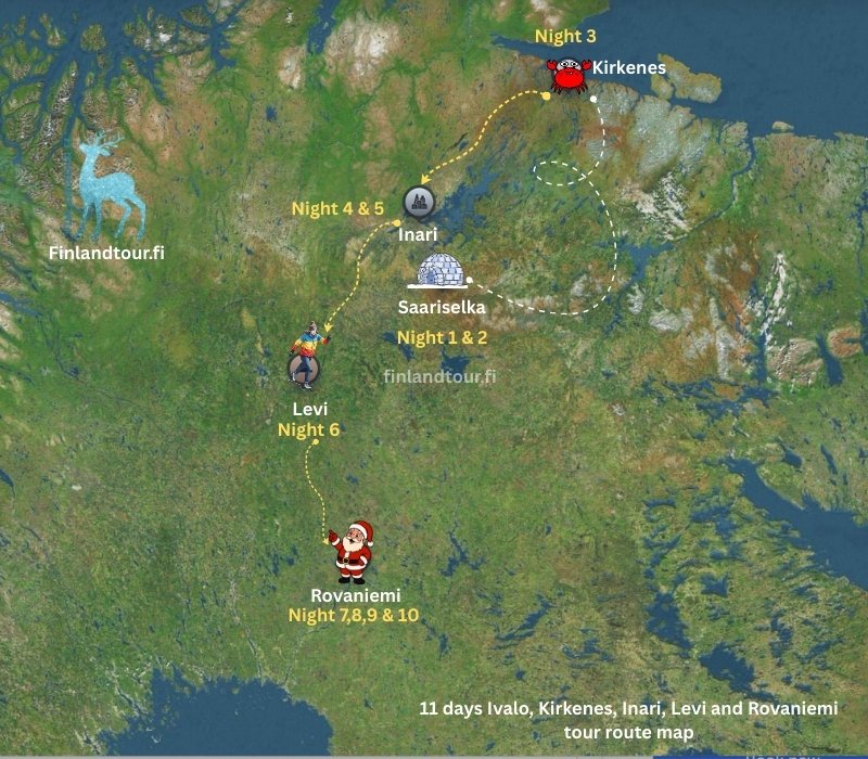 11 days Saariselka, Kirkenes, Inari, Levi and Rovaniemi tour route map