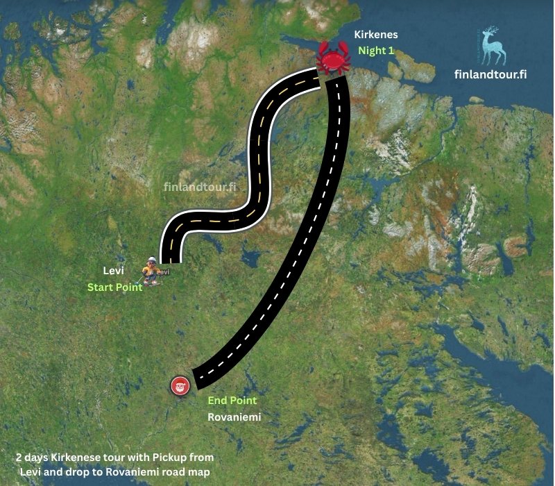 2 days Kirkenese tour with Pickup from Levi and drop to Rovaniemi road map