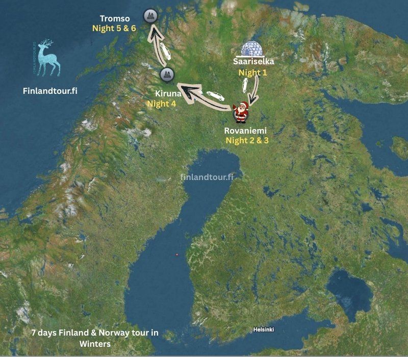 7 days Finland & Norway tour in Winters route map