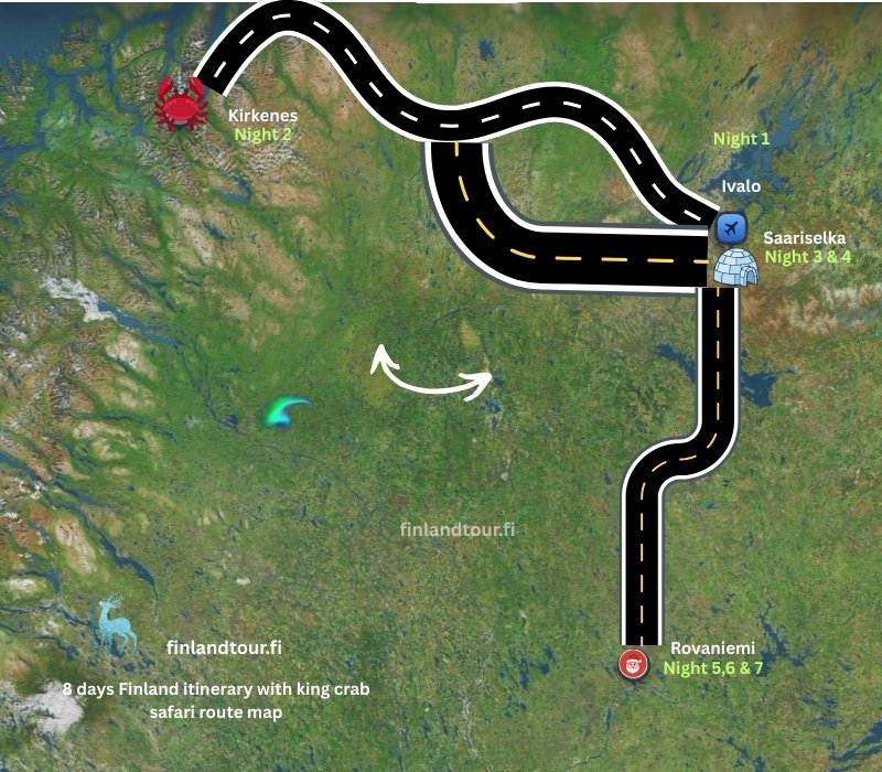 8 days Finland itinerary with king crab safari route map