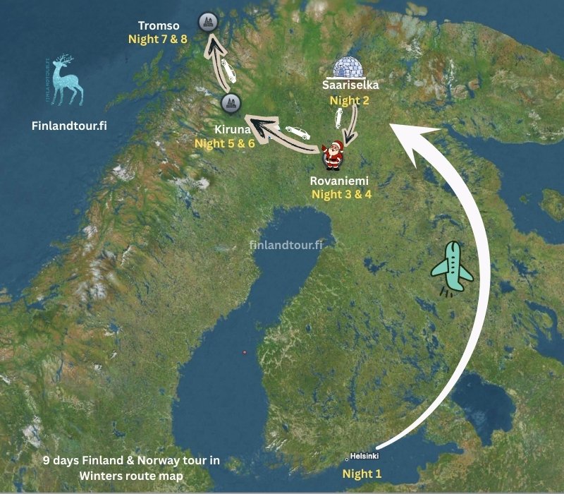 9 days Finland & Norway tour in Winters route map