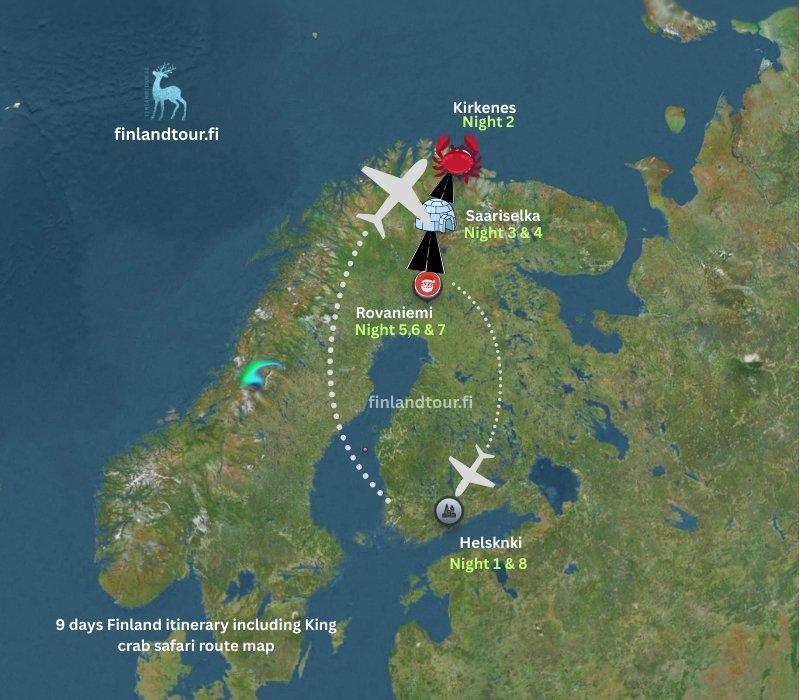 9 days Finland itinerary including King crab safari route map