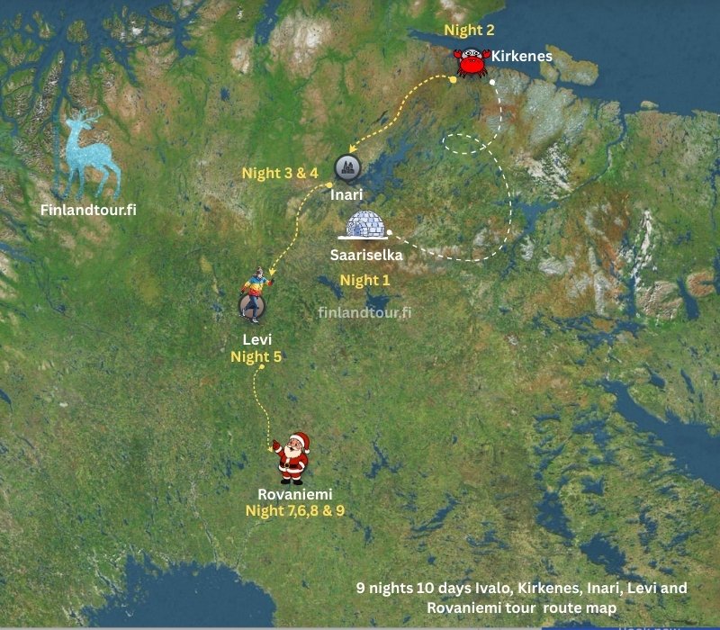 9 nights 10 days Ivalo, Kirkenes, Inari, Levi and Rovaniemi tour route map