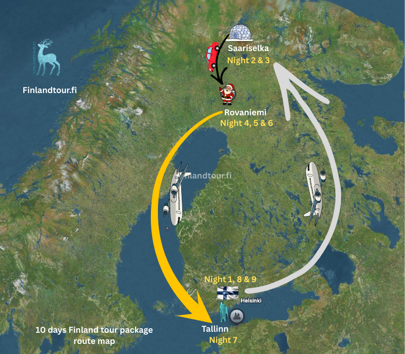 10 days Finland tour package route map