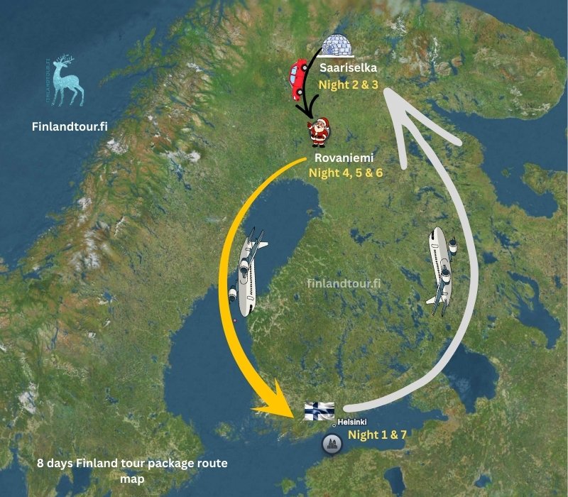 8 days Finland tour package route map