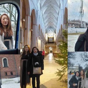 Pamela and Makiko enjoying their guided tour of Turku, visiting the historic cathedral and exploring cultural landmarks during their day trip from Helsinki.