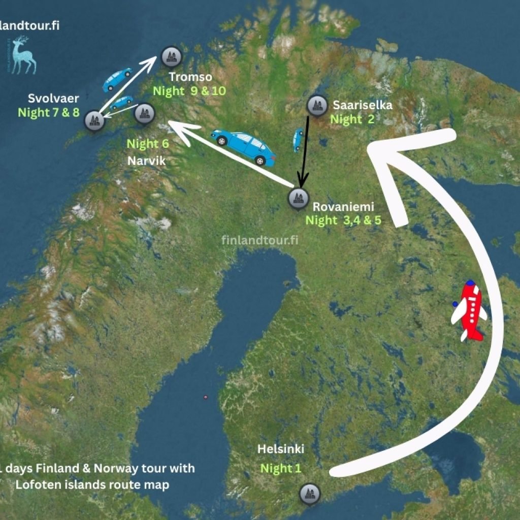 11 days Finland & Norway tour with Lofoten islands route map