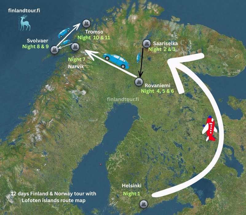 12 days Finland & Norway tour with Lofoten islands route map