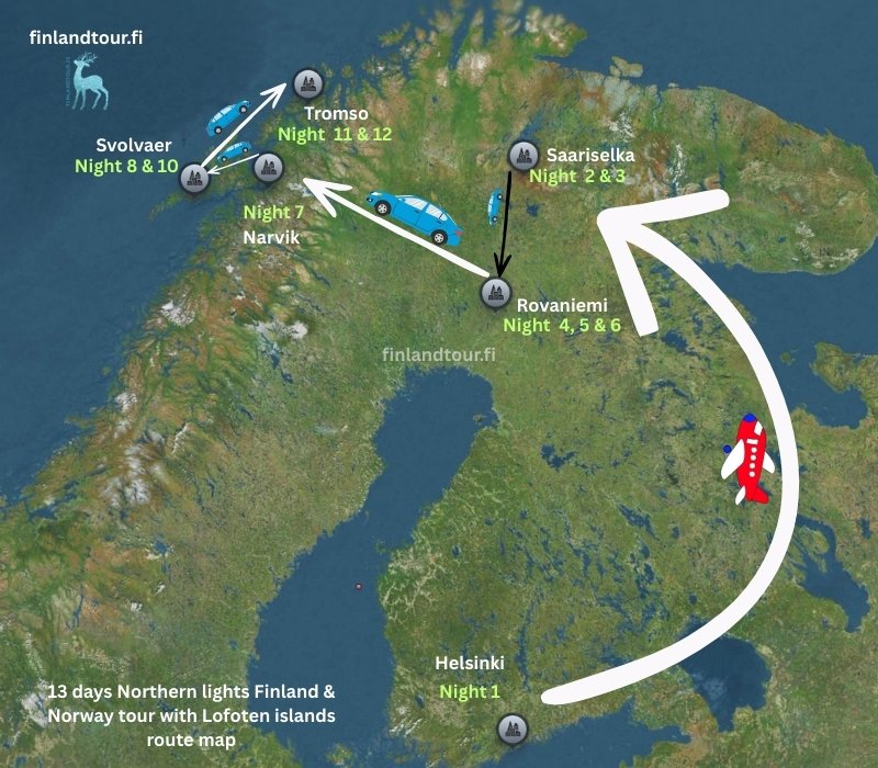 13 days Northern lights Finland & Norway tour with Lofoten islands route map